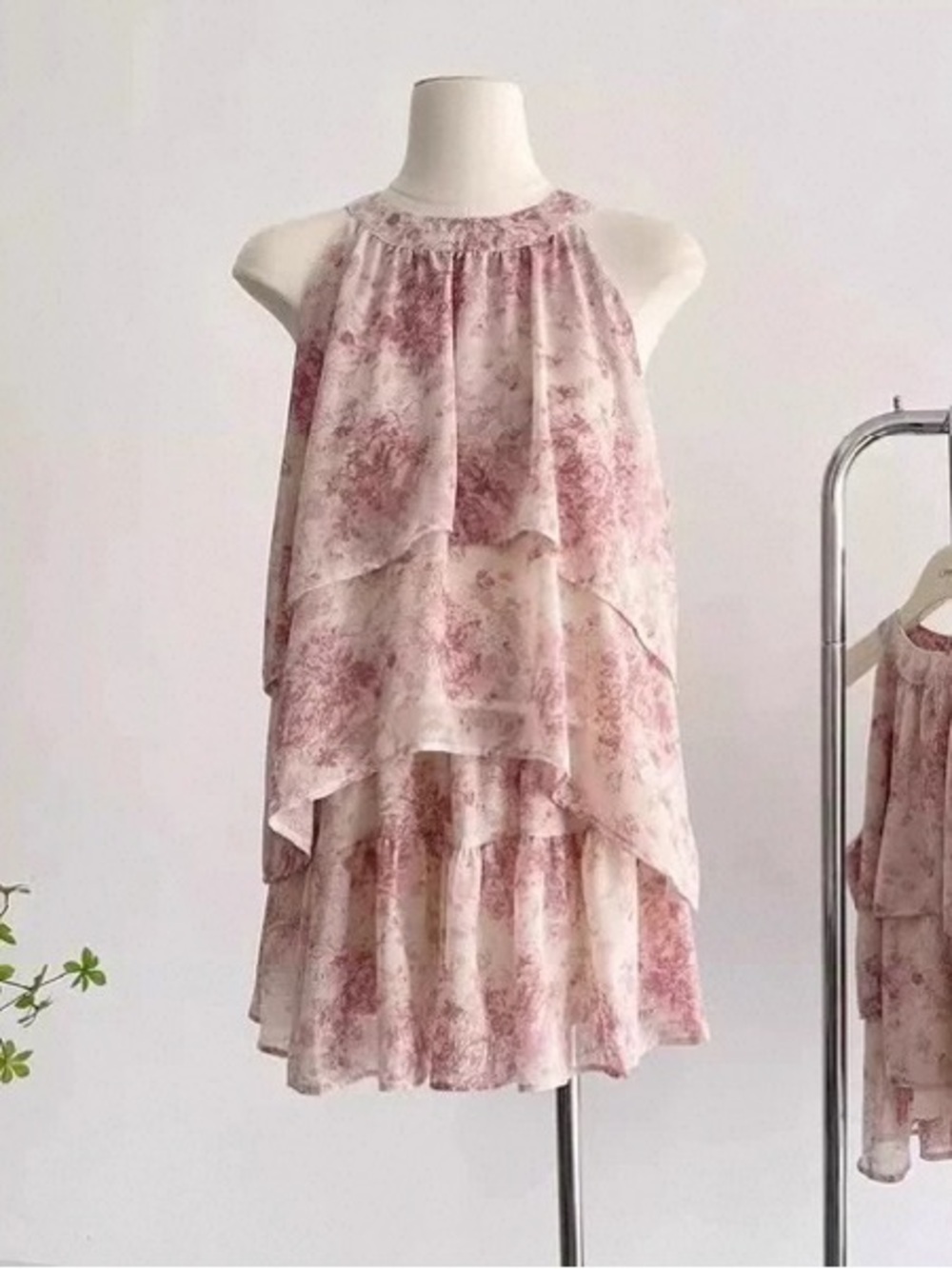 Pink Floral Tiered Halter top blouse with short sleeve